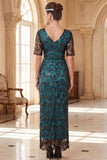 Burgundy V-Neck Short Sheer Sleeves Sheath Sequins Long 1920s Dress