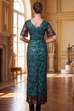 Burgundy V-Neck Short Sheer Sleeves Sheath Sequins Long 1920s Dress