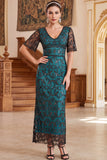 Burgundy V-Neck Short Sheer Sleeves Sheath Sequins Long 1920s Dress