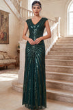 Dark Green V-Neck Cap Sleeves Sequins Sheath Chiffon 1920s Dress