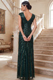 Dark Green V-Neck Cap Sleeves Sequins Sheath Chiffon 1920s Dress