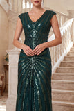 Dark Green V-Neck Cap Sleeves Sequins Sheath Chiffon 1920s Dress