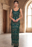 Dark Green Scoop Neck Beaded Sequins Sheath Long 1920s Flapper Dress with Fringes