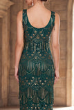 Dark Green Scoop Neck Beaded Sequins Sheath Long 1920s Flapper Dress with Fringes