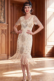 Apricot V-Neck Sequins Sheath Short Sleeves 1920s Dress with Fringes