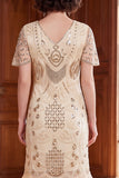 Apricot V-Neck Sequins Sheath Short Sleeves 1920s Dress with Fringes