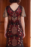 Apricot V-Neck Sequins Sheath Short Sleeves 1920s Dress with Fringes