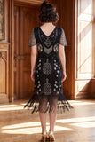 Apricot V-Neck Sequins Sheath Short Sleeves 1920s Dress with Fringes