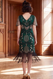 Apricot V-Neck Sequins Sheath Short Sleeves 1920s Dress with Fringes