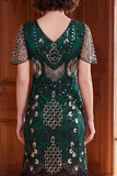 Apricot V-Neck Sequins Sheath Short Sleeves 1920s Dress with Fringes