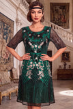 Black Golden Round Neck Embroidery Sequins Half Sleeves Midi 1920s Flapper Dress