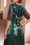 Black Golden Round Neck Embroidery Sequins Half Sleeves Midi 1920s Flapper Dress