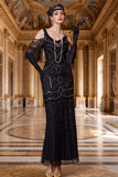 Black Cold Shoulder Sheath Beaded Sequins Tulle 1920s Dress with Fringes