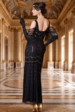 Black Cold Shoulder Sheath Beaded Sequins Tulle 1920s Dress with Fringes