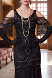 Black Cold Shoulder Sheath Beaded Sequins Tulle 1920s Dress with Fringes