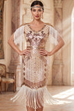 Apricot V-Neck Sequins Sheath Midi 1920s Flapper Dress with Fringes