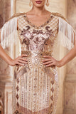 Apricot V-Neck Sequins Sheath Midi 1920s Flapper Dress with Fringes