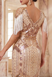 Apricot V-Neck Sequins Sheath Midi 1920s Flapper Dress with Fringes