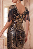 Apricot V-Neck Sequins Sheath Midi 1920s Flapper Dress with Fringes