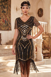 Black V-Neck Short Sleeves Sequins Beaded 1920s Dress with Fringes