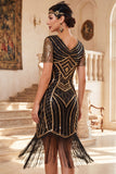 Black V-Neck Short Sleeves Sequins Beaded 1920s Dress with Fringes