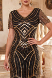 Black V-Neck Short Sleeves Sequins Beaded 1920s Dress with Fringes