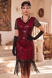 Black V-Neck Short Sleeves Sequins Beaded 1920s Dress with Fringes