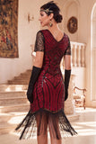 Black V-Neck Short Sleeves Sequins Beaded 1920s Dress with Fringes