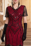 Black V-Neck Short Sleeves Sequins Beaded 1920s Dress with Fringes