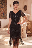 Black V-Neck Short Sleeves Sequins Beaded 1920s Dress with Fringes