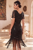 Black V-Neck Short Sleeves Sequins Beaded 1920s Dress with Fringes