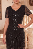 Black V-Neck Short Sleeves Sequins Beaded 1920s Dress with Fringes