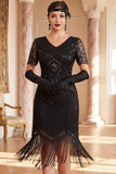 Black V-Neck Short Sleeves Sequins Beaded 1920s Dress with Fringes