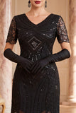 Black V-Neck Short Sleeves Sequins Beaded 1920s Dress with Fringes