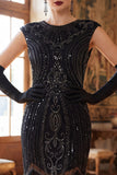 Dark Green Round Neck Cap Sleeves Beaded Sequins 1920s Flapper Dress with Fringes