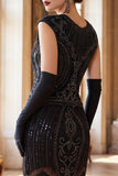 Dark Green Round Neck Cap Sleeves Beaded Sequins 1920s Flapper Dress with Fringes