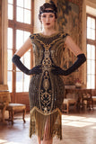 Dark Green Round Neck Cap Sleeves Beaded Sequins 1920s Flapper Dress with Fringes