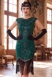 Dark Green Round Neck Cap Sleeves Beaded Sequins 1920s Flapper Dress with Fringes
