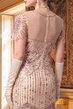 Apricot Sheath V-Neck Short Sleeves Sequins 1920s Dress with Fringes