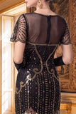 Apricot Sheath V-Neck Short Sleeves Sequins 1920s Dress with Fringes