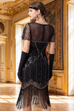 Apricot Sheath V-Neck Short Sleeves Sequins 1920s Dress with Fringes