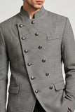 Grey Stand Collar Double Breasted Men's Prom Blazer