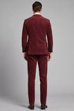 Burgundy Corduroy Peak Lapel Single Breasted 3 Piece Men's Prom Suits