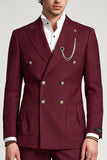 Burgundy Peak Lapel Double Breasted 2 Piece Men's Prom Suits