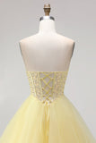 Yellow Ball Gown Corset Strapless Pearls Tiered Ruffled Long Prom Dress