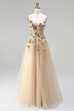 Champagne Corset Sequins Embroidery Strapless A-Line Tulle Long Prom Dress with Beading