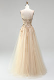 Champagne Corset Sequins Embroidery Strapless A-Line Tulle Long Prom Dress with Beading