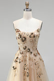 Champagne Corset Sequins Embroidery Strapless A-Line Tulle Long Prom Dress with Beading
