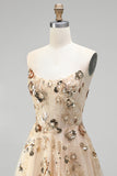 Champagne Corset Sequins Embroidery Strapless A-Line Tulle Long Prom Dress with Beading