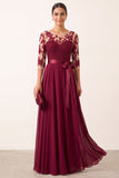 Burgundy Illusion Appliques Chiffon Beaded A-Line Long Formal Dress with 3/4 Sleeves